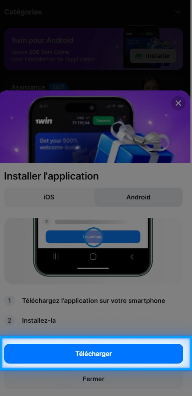 Téléchargez le fichier APK de 1Win sur votre Android.