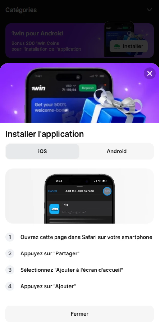 Faites défiler le site web de 1Win jusqu'au bouton d'installation iOS.