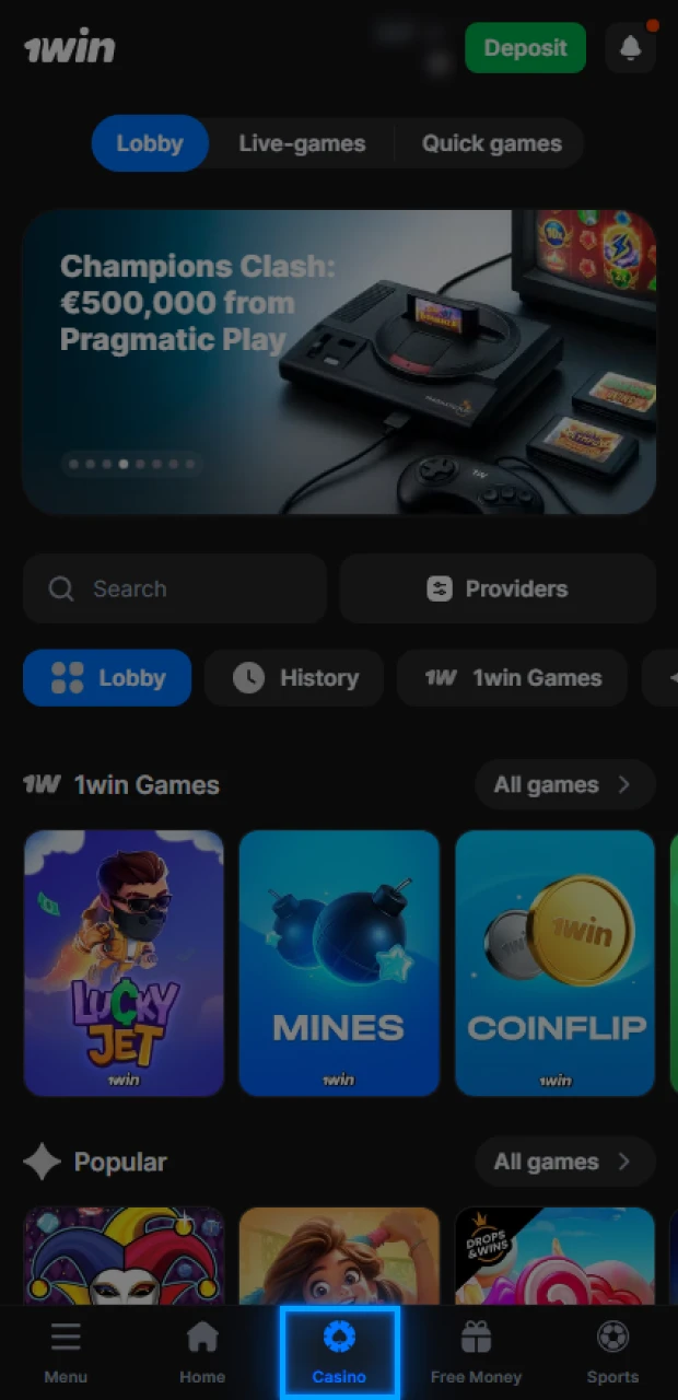 Select your favorite game in the 1Win casino section.