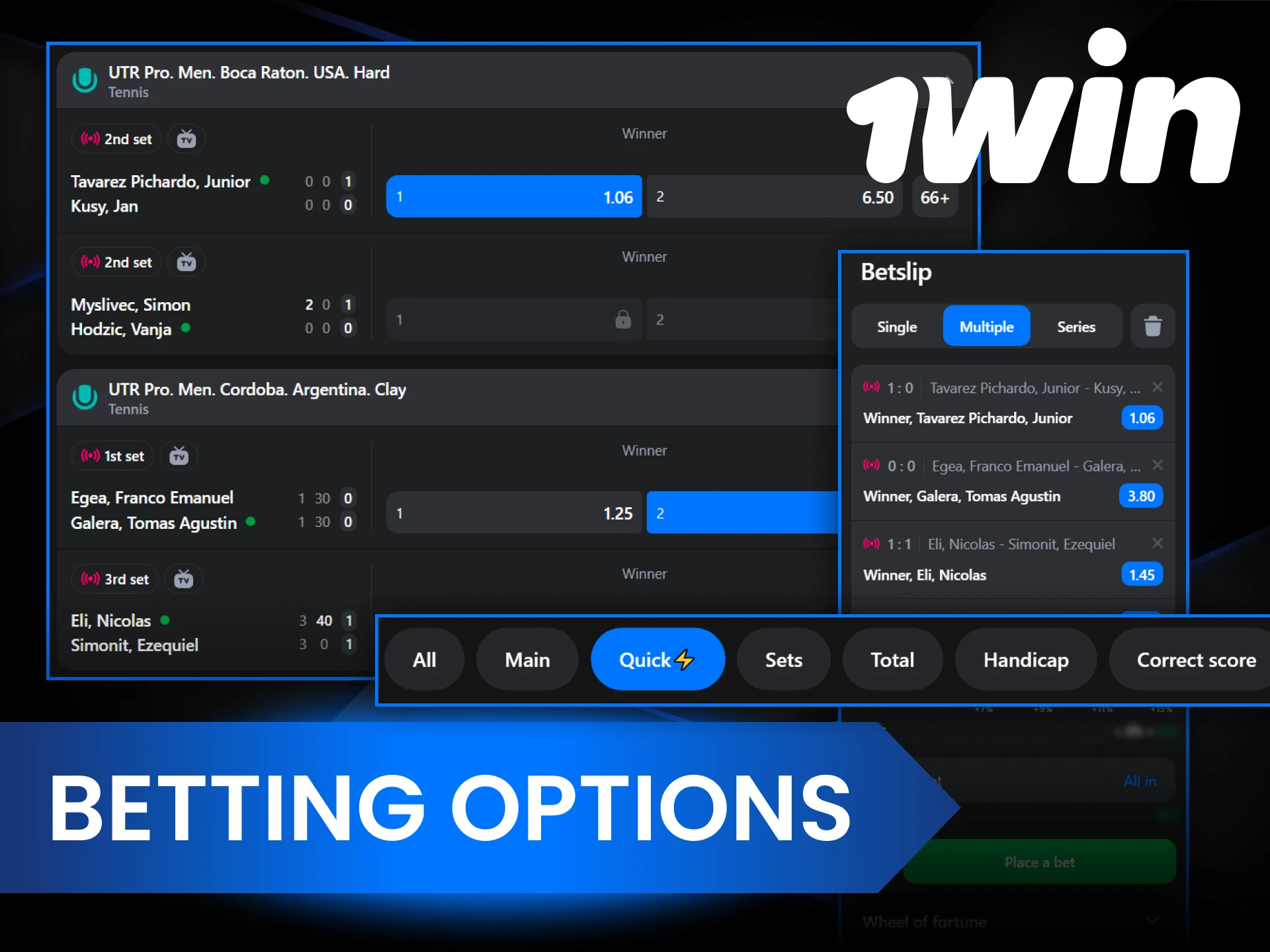 1Win offers the opportunity to place various types of bets.