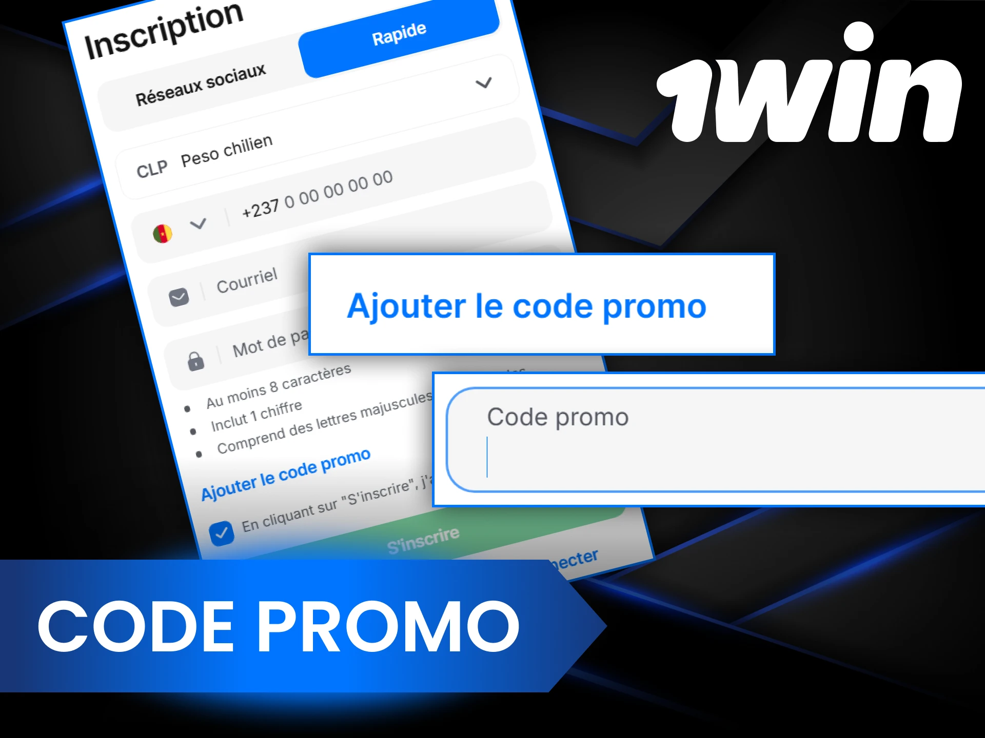 Vous pouvez utiliser un code promotionnel lors de votre inscription ou d'un dépôt de fonds sur 1Win.