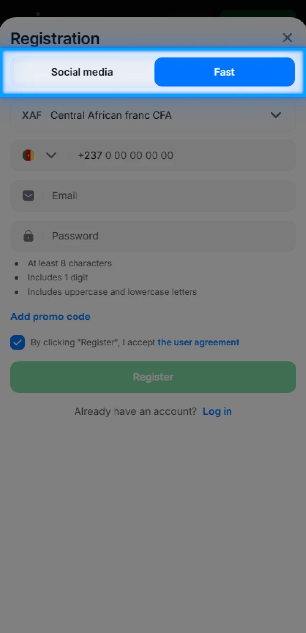 Choose your preferred method of registering with 1Win.