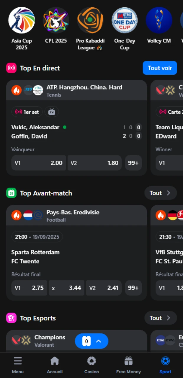 Consultez la liste des événements sportifs diffusés sur 1Win.