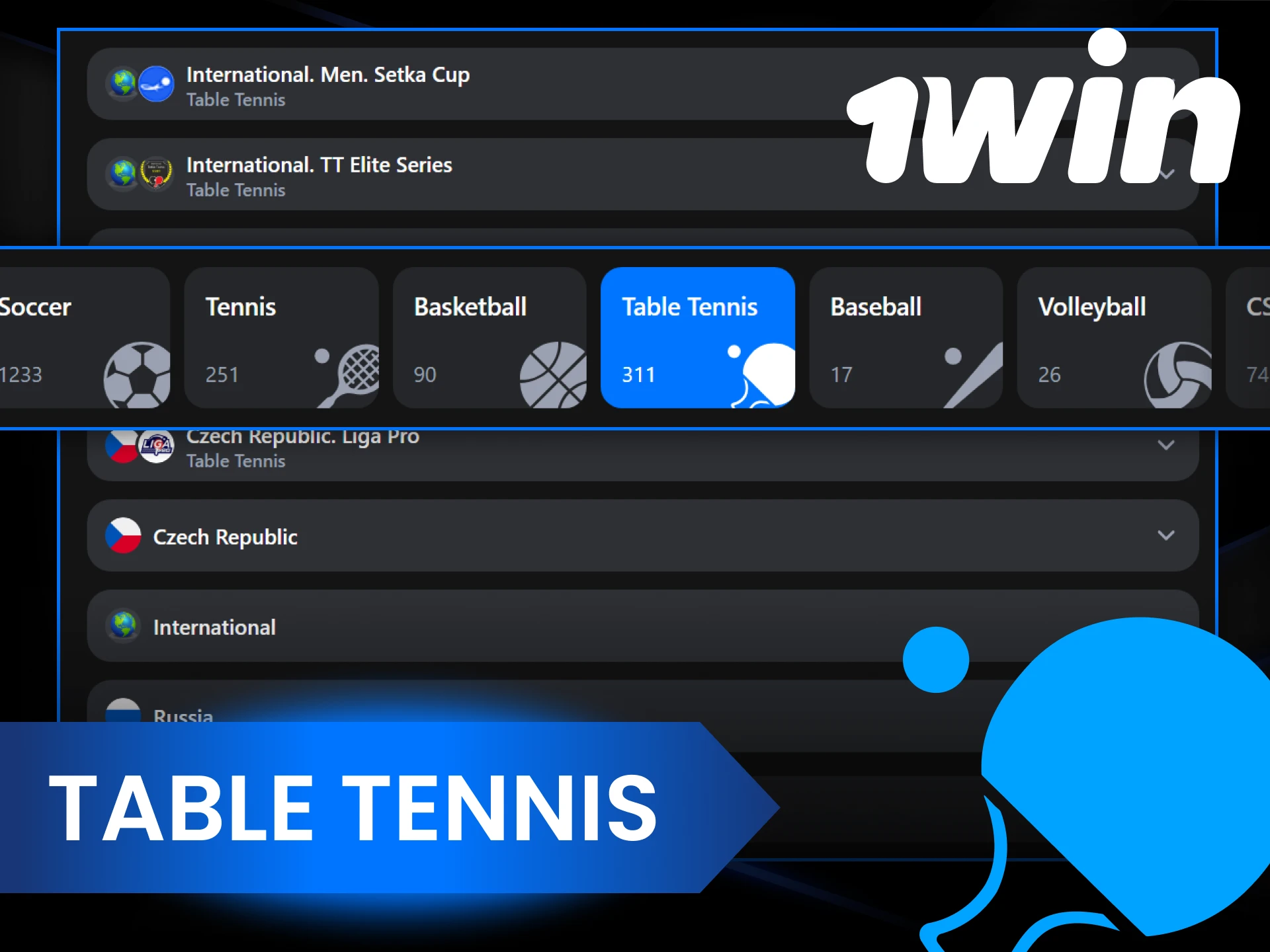 Increase your winnings by betting on table tennis at 1Win.